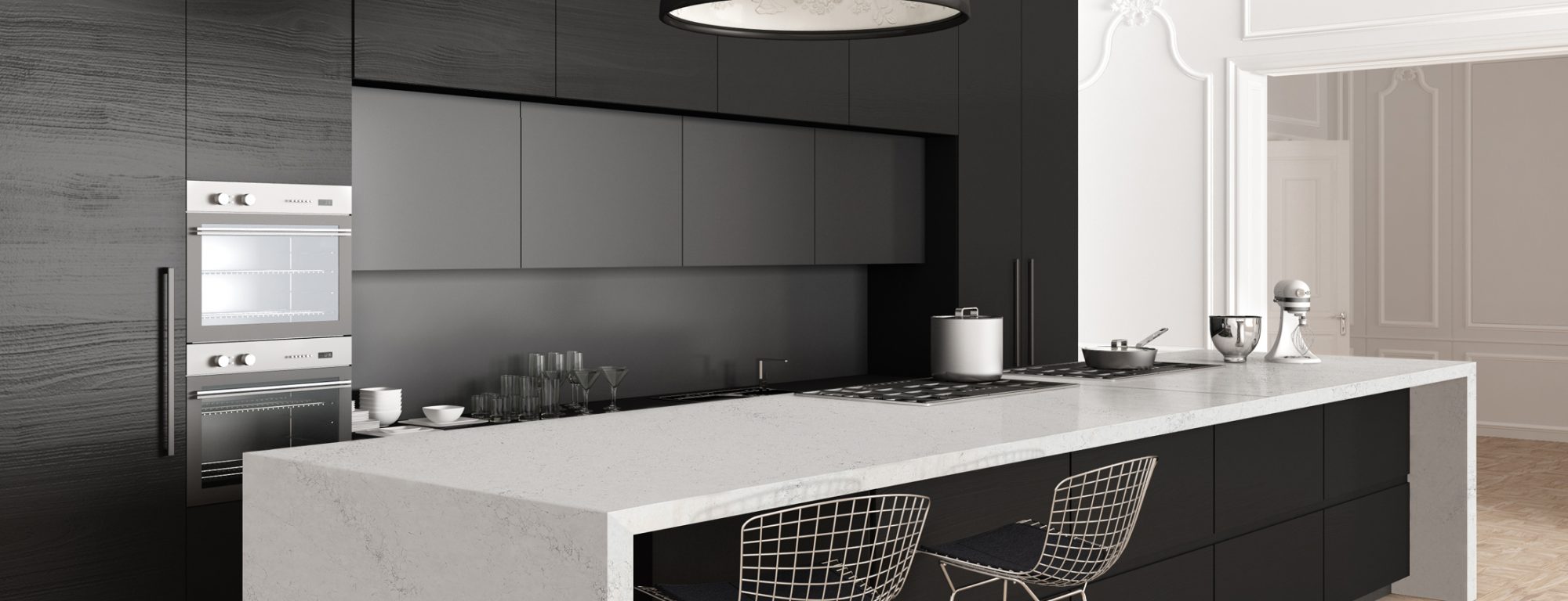 Classic kitchen, minimalistic interior design, close upClassic kitchen, minimalistic interior design